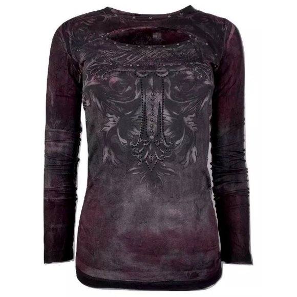 AFFLICTION Women's T-Shirt L/S CYPRESS Tee Biker - Picture 5 of 12